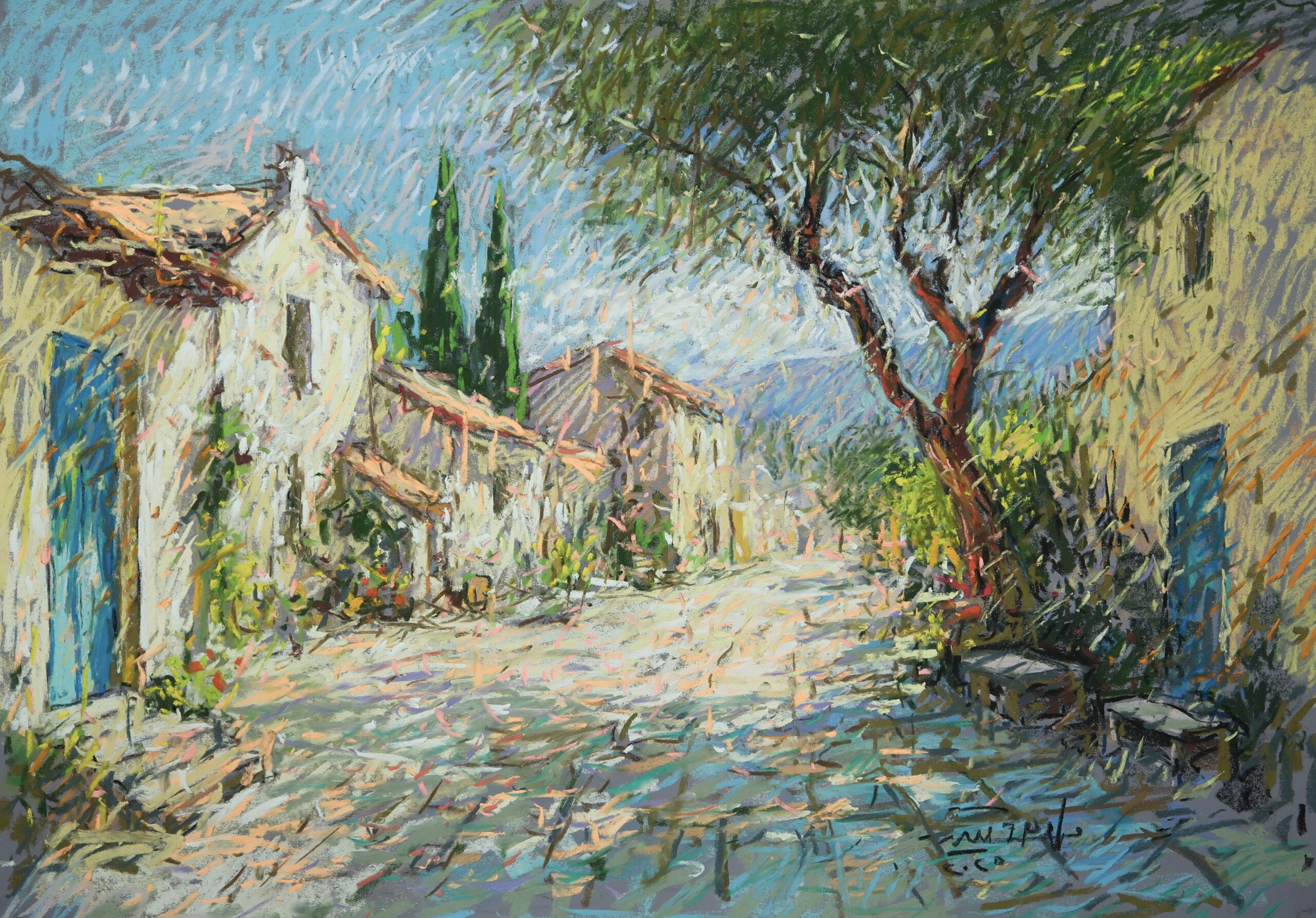 Landscape 2 – Sunlit Village Street with Cypress Trees