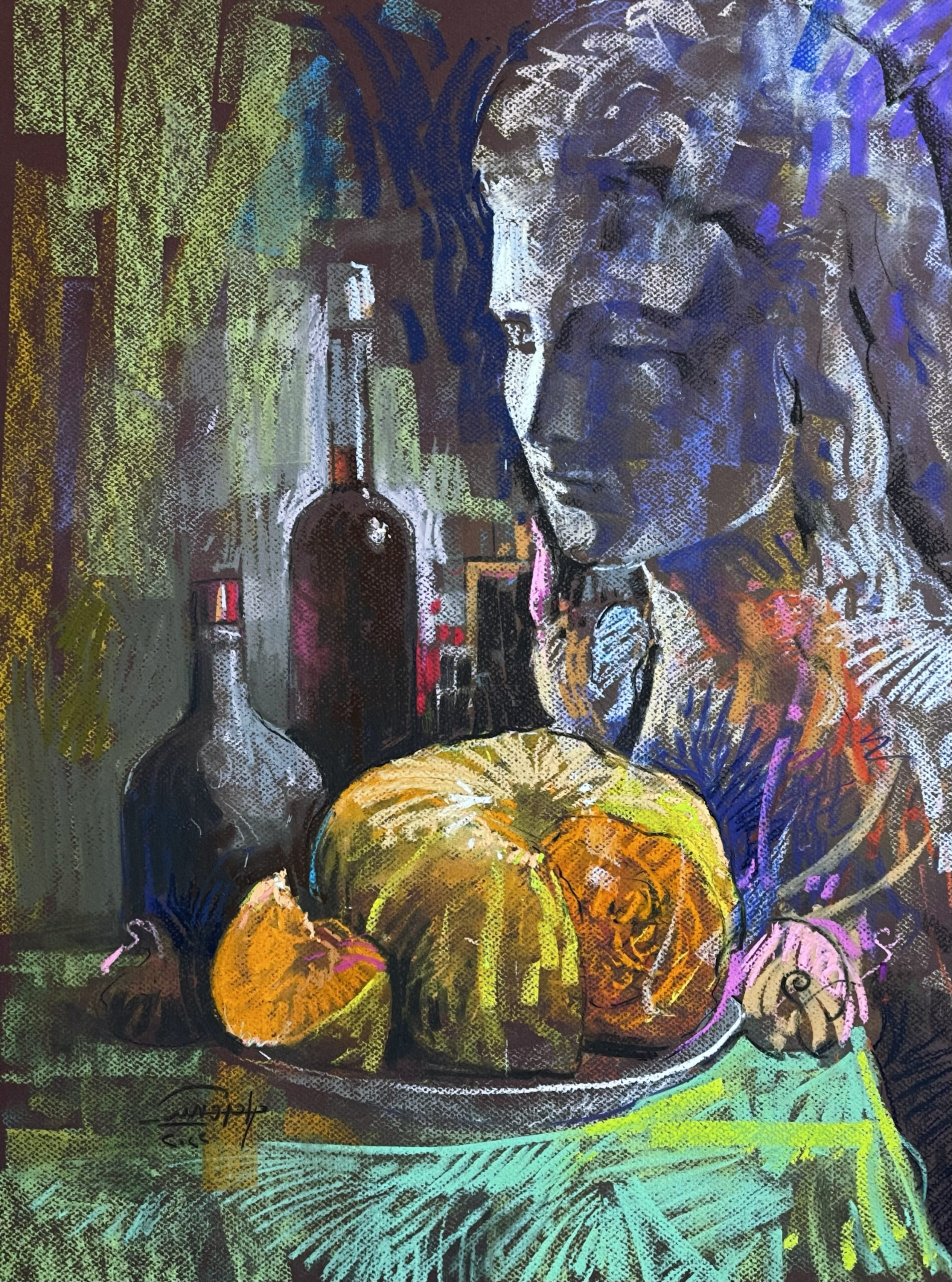 Still Life 7 – Bust with Bottles and Pumpkin